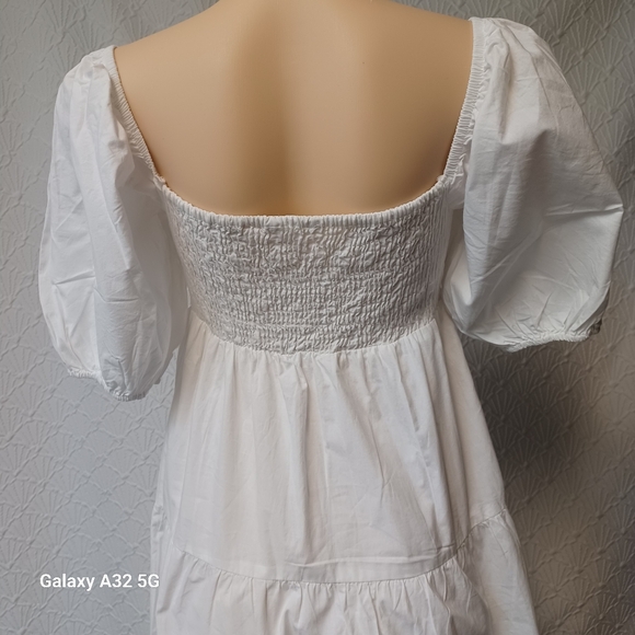 SIM Y SAM Women Size M Elegant White Puff Sleeve Dress100% Cotton Lining - Picture 7 of 13
